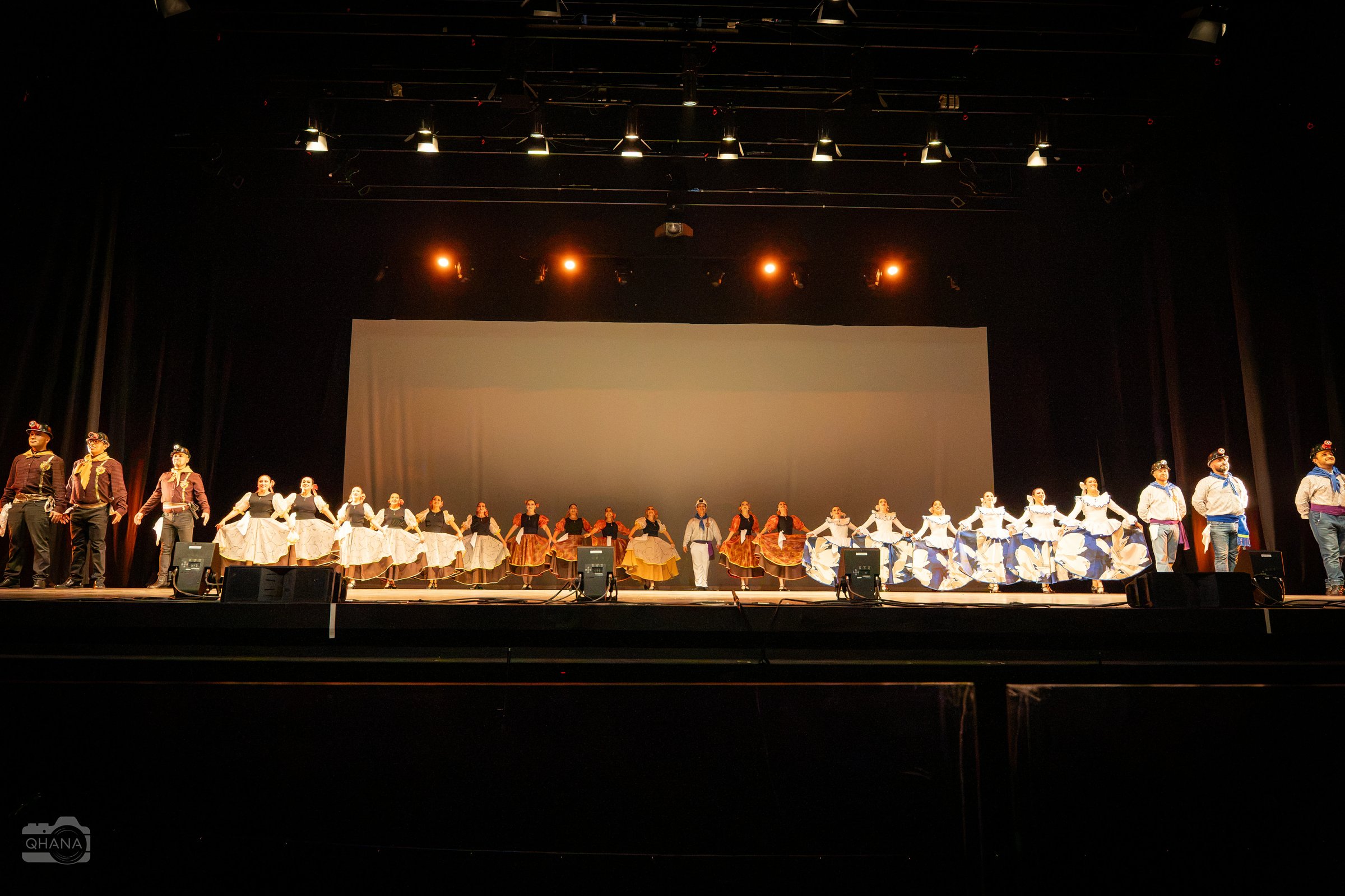 Bailarinas y bailarines del BAFCOR en distintos montajes escénicos con vestuario tradicional y luz teatral.